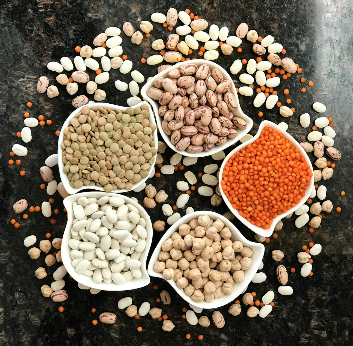 Bowls of lentils, chickpeas and different beans arranged on a dark counter, plant protein sources