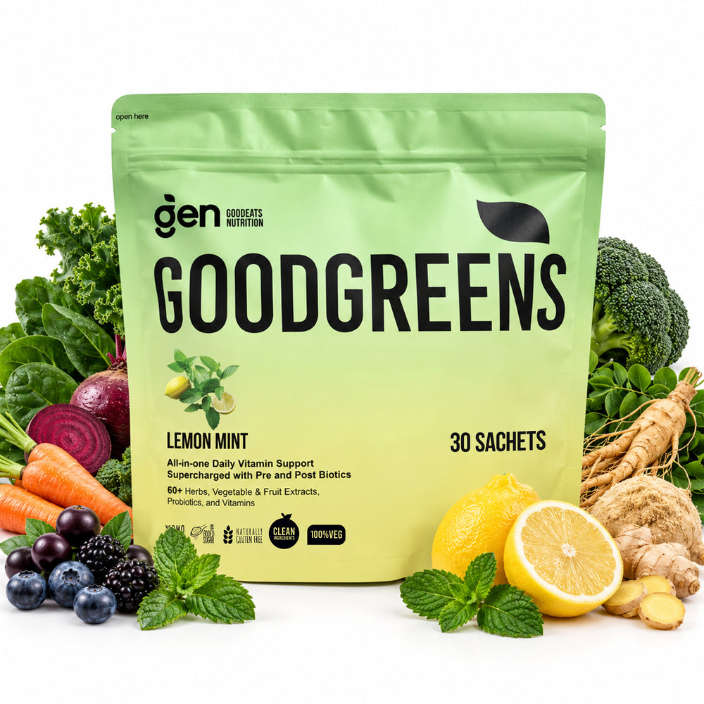 GoodGreens Lemon Mint daily greens powder, 30 sachets, pack front with fruits and vegetables