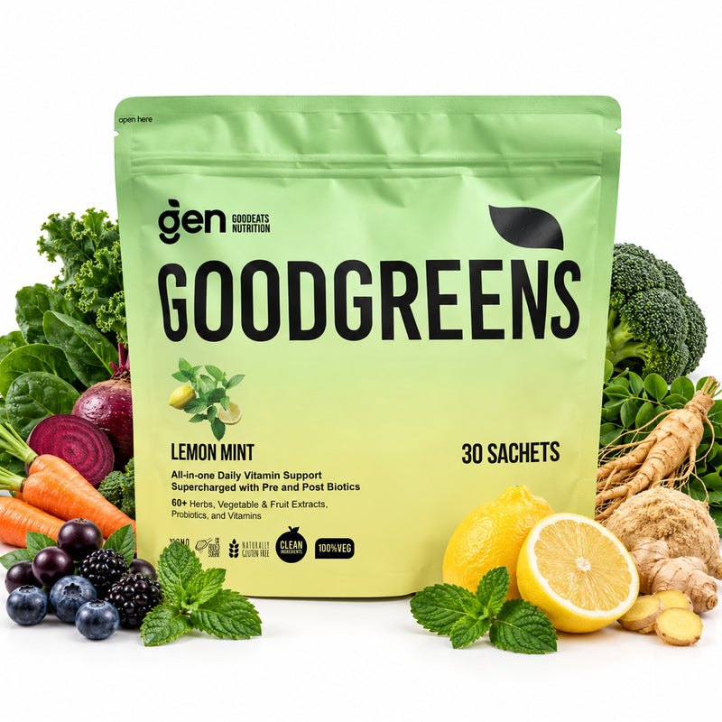 GoodGreens Lemon Mint daily greens powder, 30 sachets, pack front with fruits and vegetables