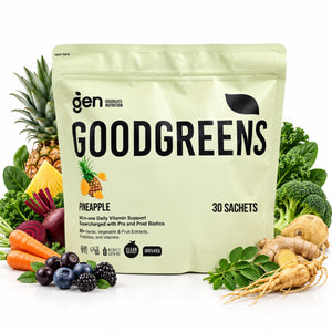 GoodGreens Pineapple daily greens powder, 30 sachets, pack front with fruits and vegetables