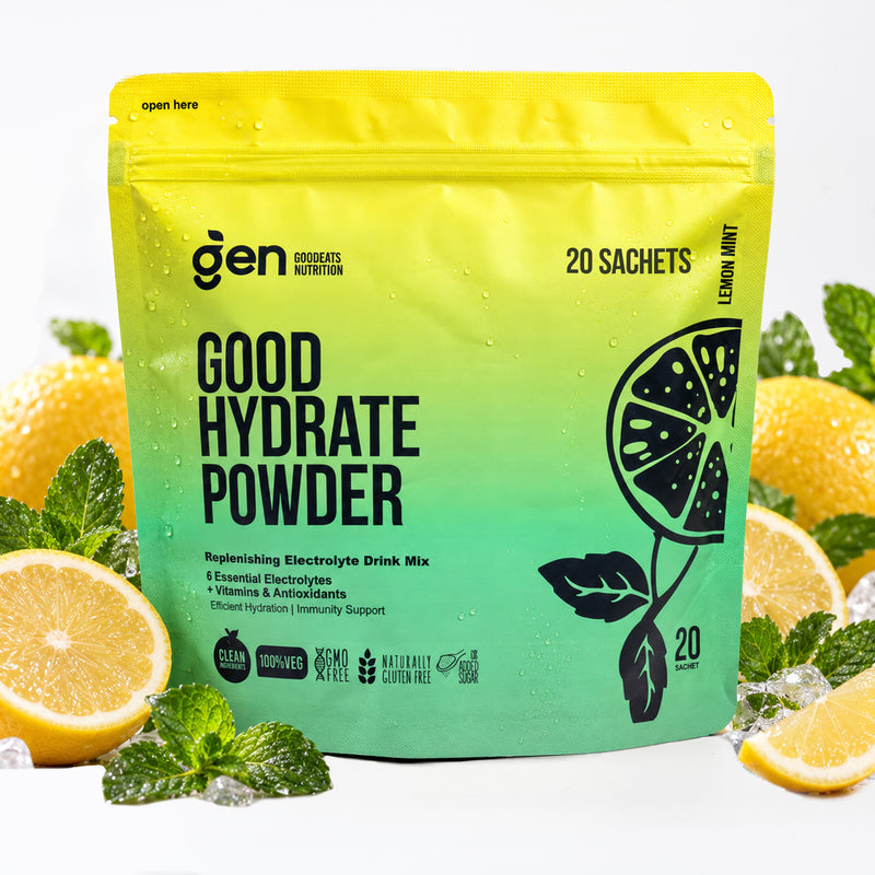 GoodHydrate Lemon Mint electrolyte drink mix, 20 sachets, pack front with lemons and mint