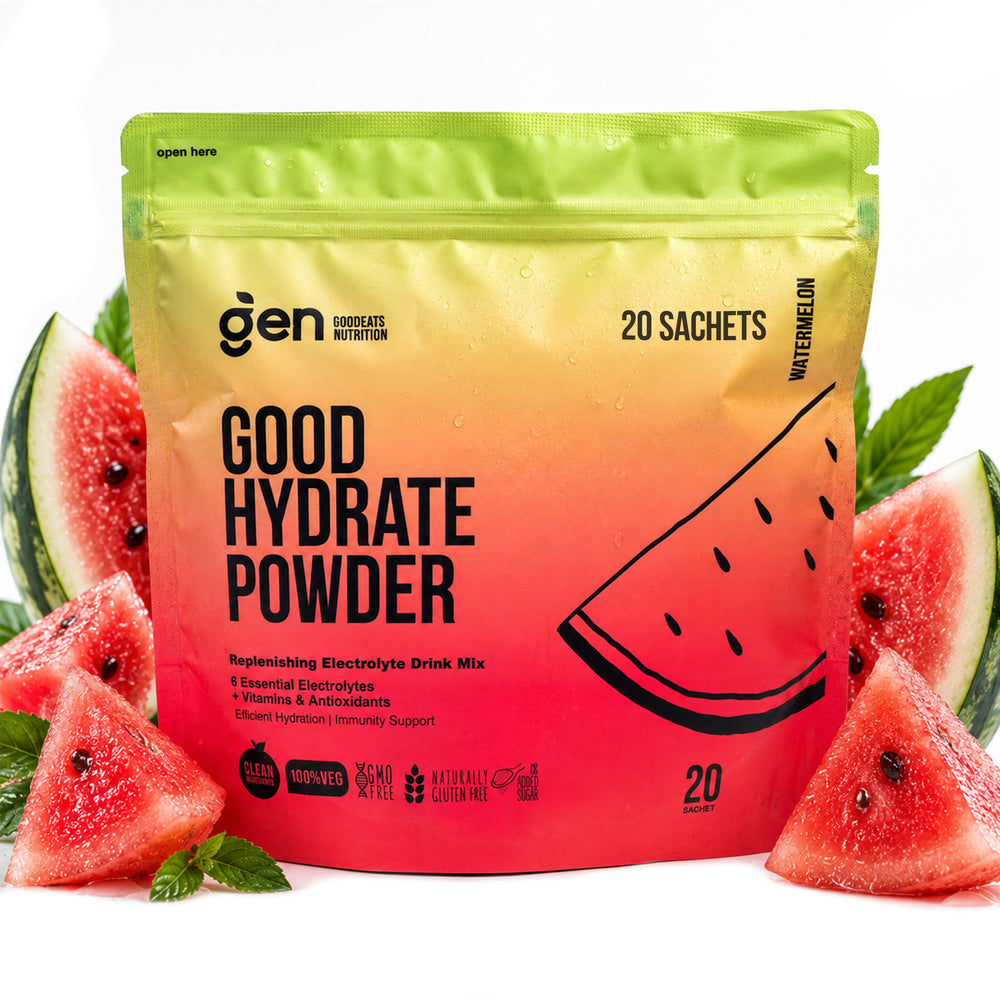 GoodHydrate Watermelon electrolyte drink mix, 20 sachets, pack front with watermelon slices