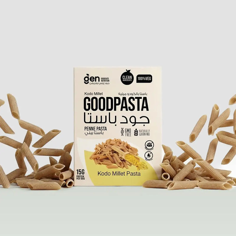 GoodPasta Kodo Millet Penne Pasta pack with dry penne, front of box