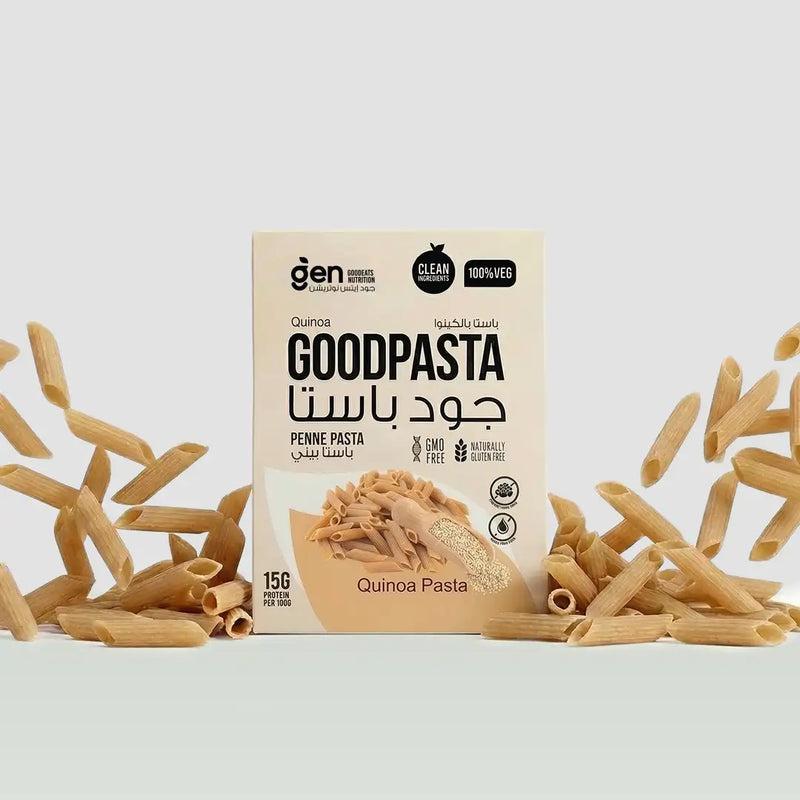 GoodPasta Quinoa Penne Pasta pack with dry penne, front of box